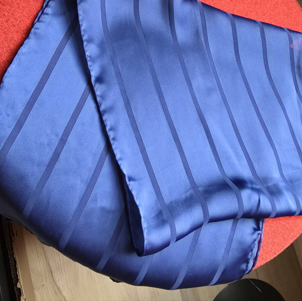 Silk Scarf, Vintage Scarf, Deep Blue Striped Silk Satin
